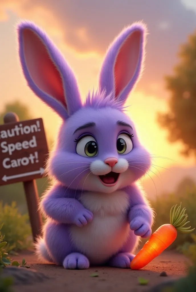 A fluffy purple rabbit with soft lavender fur, large round expressive eyes, and long perky ears that always stand up. 
Its fur texture, facial structure, and body proportions must remain exactly the same in every frame. 
The rabbit is sitting on the ground...