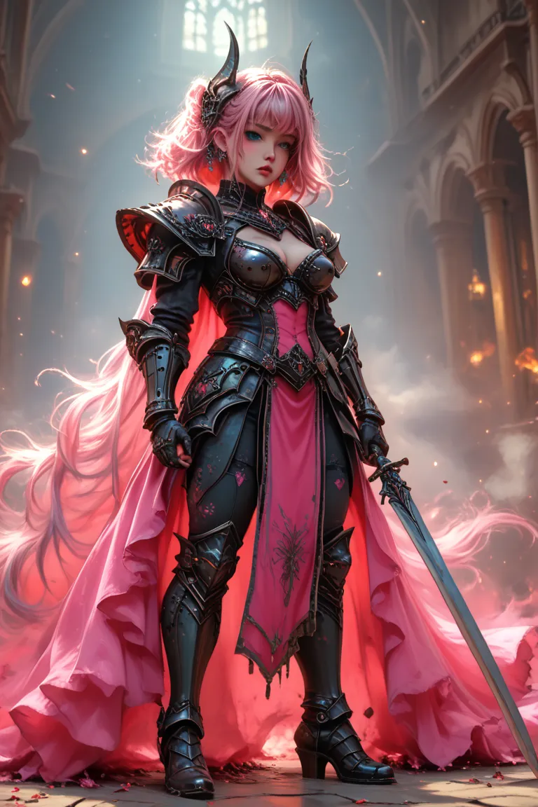 "4K anime style quality, digital drawing mode, a fierce pink-haired warrior with piercing blue eyes, wearing an extremely revealing pink and black armor with a matching cape, wielding a massive broadsword, standing atop a ruined battlefield with the settin...