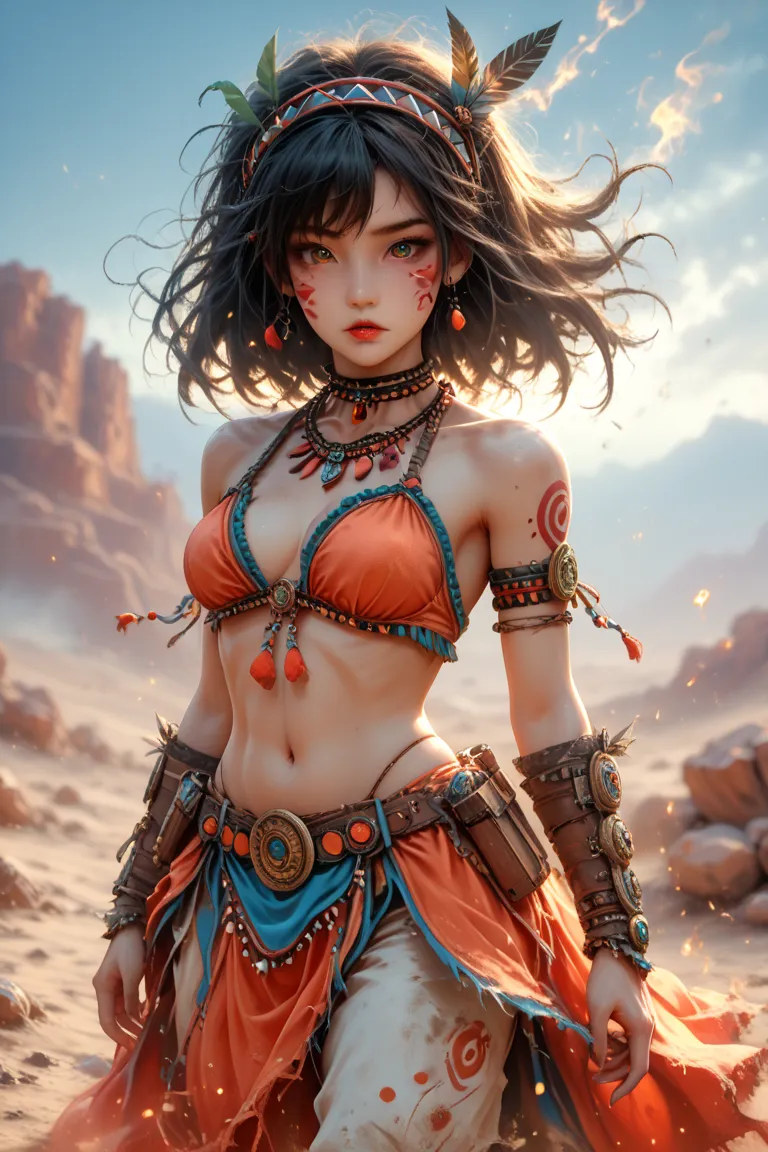 "4K anime style quality, digital drawing mode, a wild and energetic Amazon warrior with short dark brown hair, sharp eyes, wearing a revealing white and brown battle outfit with tribal patterns, standing in an open desert battlefield with dust and wind swi...