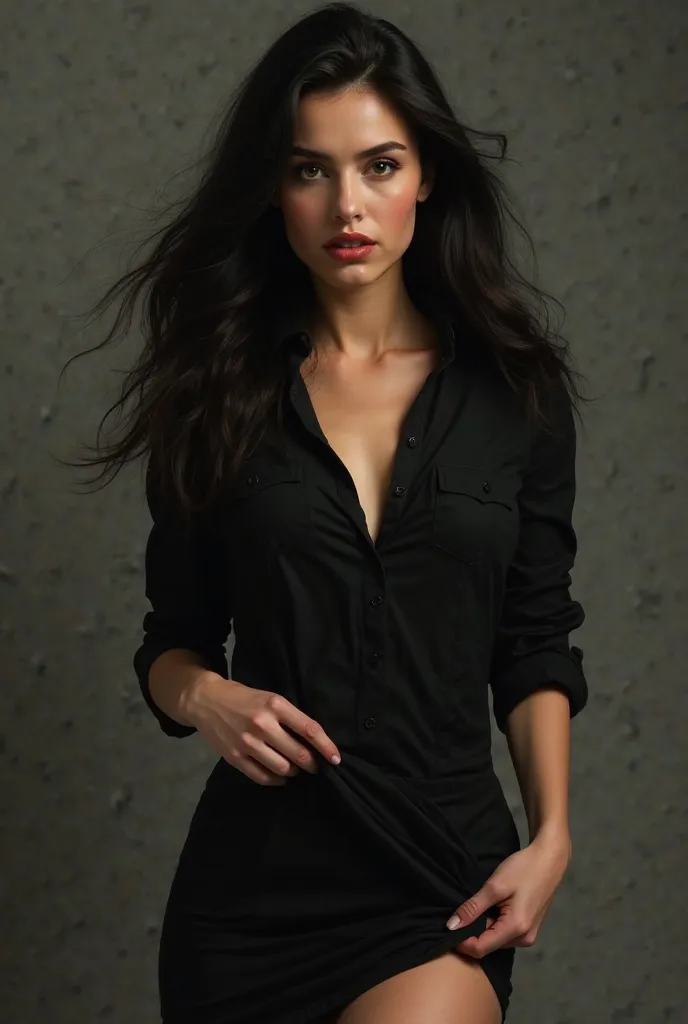 Beautiful dark haired woman wearing a black shirt and skirt, receiving a wedgie 