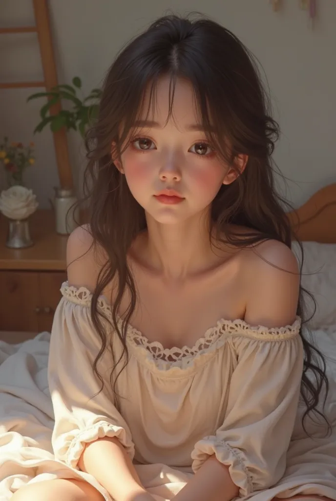 (photorealism:1.2), Girl in white pajamas with a bare shoulder top 
