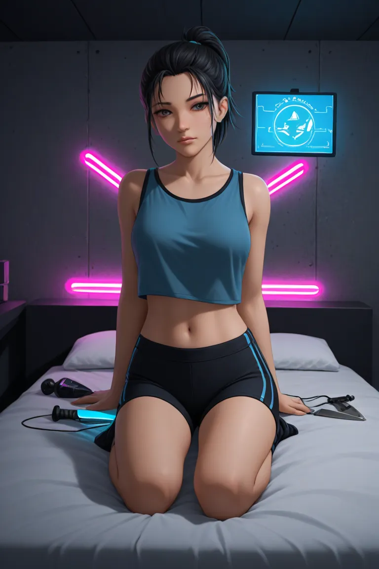 Akali is lying on a simple bed, but stylish, in a room illuminated by neon lights. his weapons, Kama and Kunai, Are by your side,  carefully placed .  She wears casual clothing , like a loose sweatshirt and sports pants, but her expression still carries an...