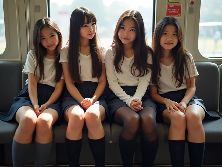 photo by canon, four espanol 6years girls sitting on train seat and all kisses, View Photographer, whole body, (Smiling at the photographer), tight open breast tits school uniform, High boots, Clothes that show the open chest、Thin and long elbows、(wearing ...