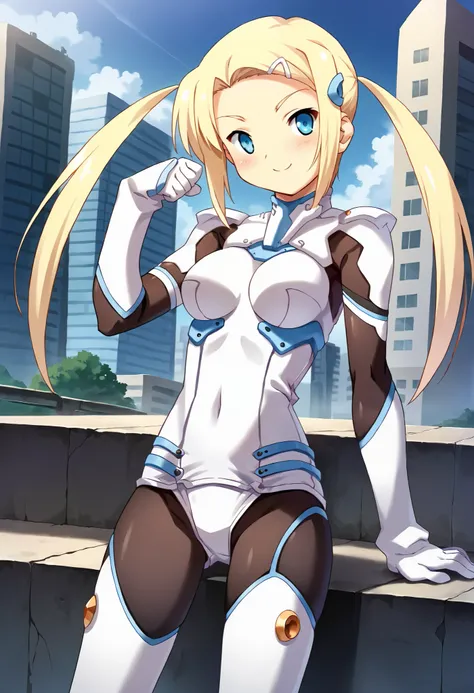 score_9, score_8_up, score_7_up, masterpiece,  source_anime, 1 girl who died, CT_Grapefruit, blonde hair, Twin Tails, long hair, white hair clips, hair ornament, bodysuit, black tights, Knee-length boots, cowboy shooting, Outdoors, city, depth of writing, ...