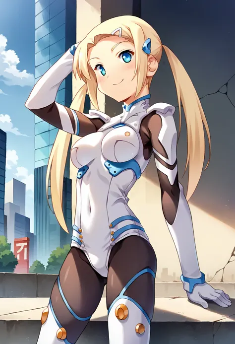 score_9, score_8_up, score_7_up, masterpiece,  source_anime, 1 girl who died, CT_Grapefruit, blonde hair, Twin Tails, long hair, white hair clips, hair ornament, bodysuit, black tights, Knee-length boots, cowboy shooting, Outdoors, city, depth of writing, ...
