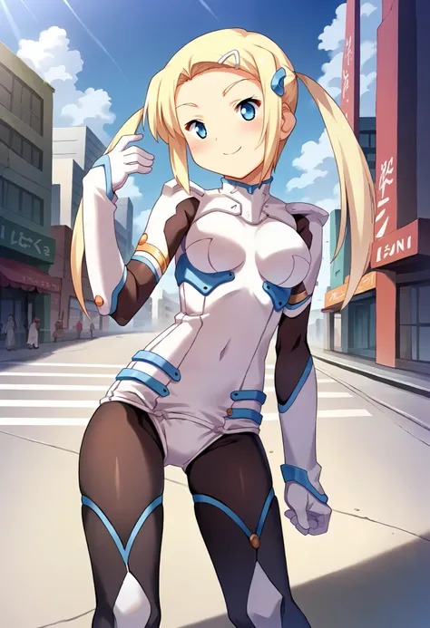 score_9, score_8_up, score_7_up, masterpiece,  source_anime, 1 girl who died, CT_Grapefruit, blonde hair, Twin Tails, long hair, white hair clips, hair ornament, bodysuit, black tights, Knee-length boots, cowboy shooting, Outdoors, city, depth of writing, ...