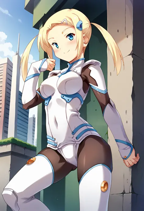score_9, score_8_up, score_7_up, masterpiece,  source_anime, 1 girl who died, CT_Grapefruit, blonde hair, Twin Tails, long hair, white hair clips, hair ornament, bodysuit, black tights, Knee-length boots, cowboy shooting, Outdoors, city, depth of writing, ...