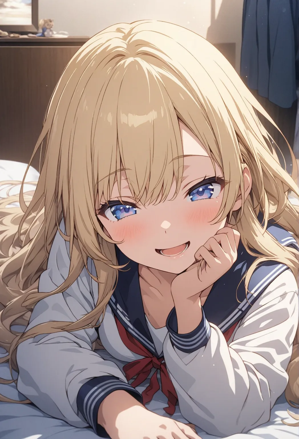 masterpiece, top quality, highly detailed CG unity 8k wallpaper, 20 year old girl anime illustration. The pose of lying down and looking at me、Close your eyes、opening his mouth through his mouth, smile,  Blonde Color ,long hair、 hair fluttering  、blue eyes...