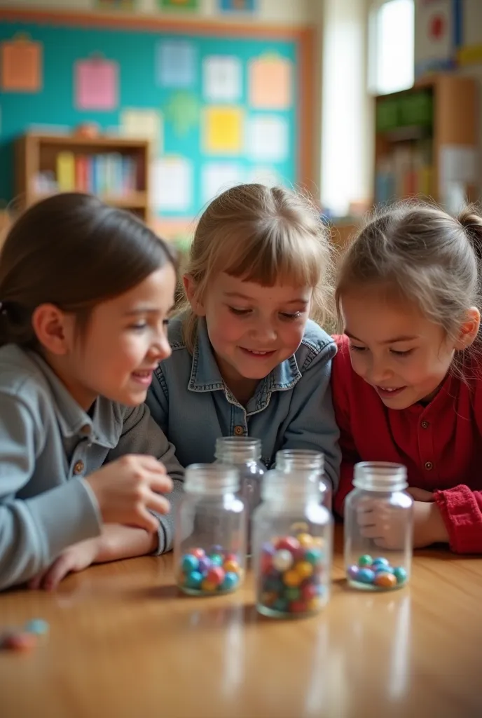 The students at age of 7 are playing a game where they estimate how many marbles are in smaller jars or cups