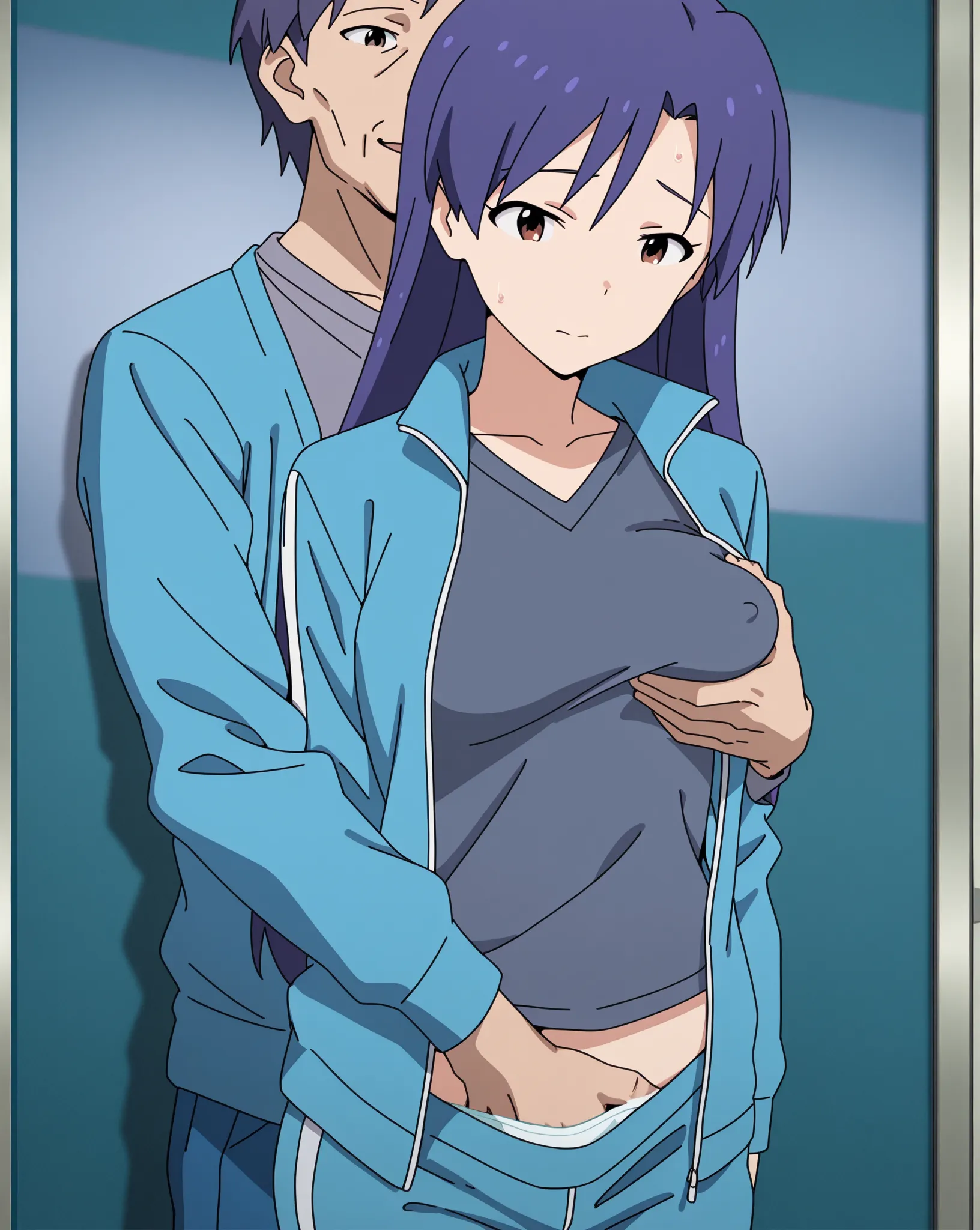 masterpiece, best quality, newest, medium breasts, chihaya kisaragi, long hair, blue track jacket, open jacket, grey shirt, collarbone, nsfw, clothes, standing, molestation, multiple males touch girl, multiple males grope girl, 2 man, disgusting ugly old m...