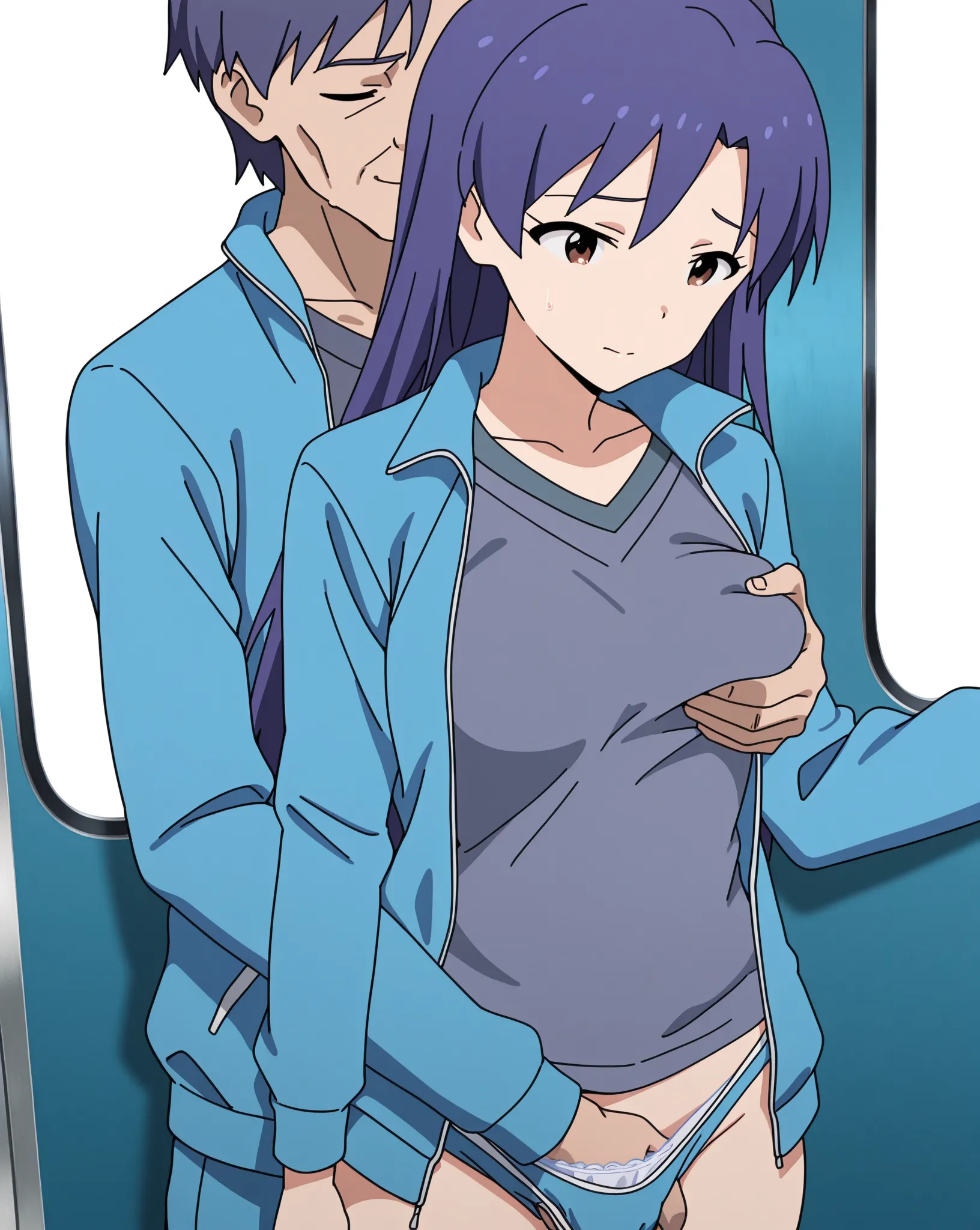 masterpiece, best quality, newest, medium breasts, chihaya kisaragi, long hair, blue track jacket, open jacket, grey shirt, collarbone, nsfw, clothes, standing, molestation, multiple males touch girl, multiple males grope girl, 2 man, disgusting ugly old m...