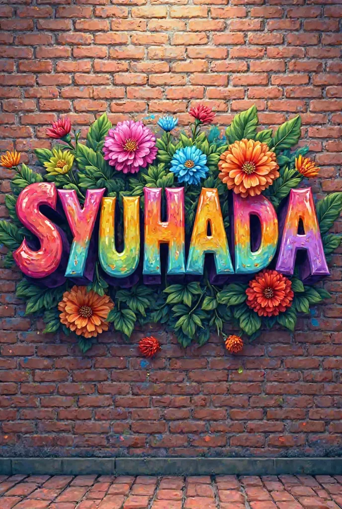 The image is a digital art piece that features the word "SYUHADA " in bold, colorful letters. The word is written in a modern, graffiti-style font with a rainbow-colored background. The letters are arranged in a way that they are overlapping each other, cr...