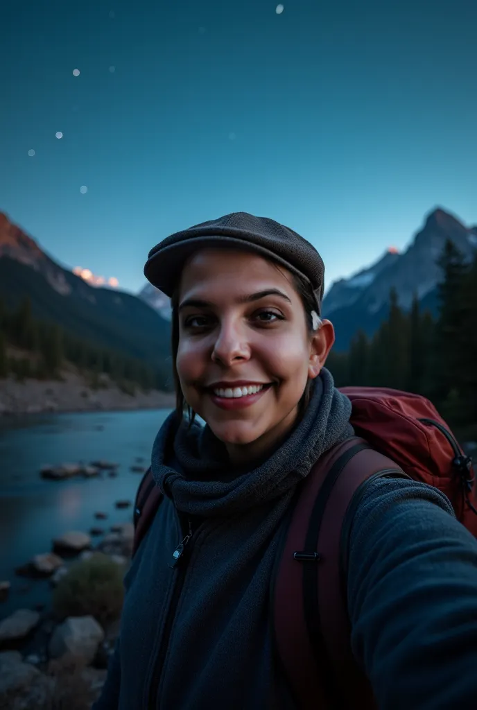 photo of me ((upper body selfie , happy)) , masterpiece , best quality , ultra-detailed , solo , outdoors , (night) , mountains , nature , (stars , moon) cheerful , happy , backpack , sleeping bag , camping stove , water bottle , mountain boots , gloves , ...