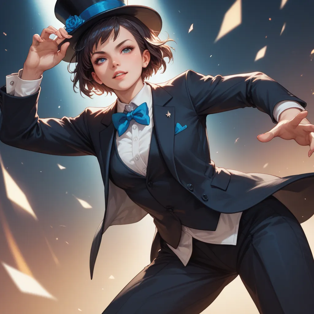 Dynamic angle. Dynamic theatrical pose. Mid body view. Girl. Short hair. Top hat. Suit. Furina. 