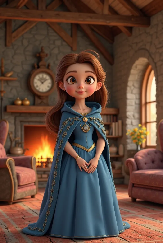 Image 3D style Pixar princesse belle avec son manteau dans la maison