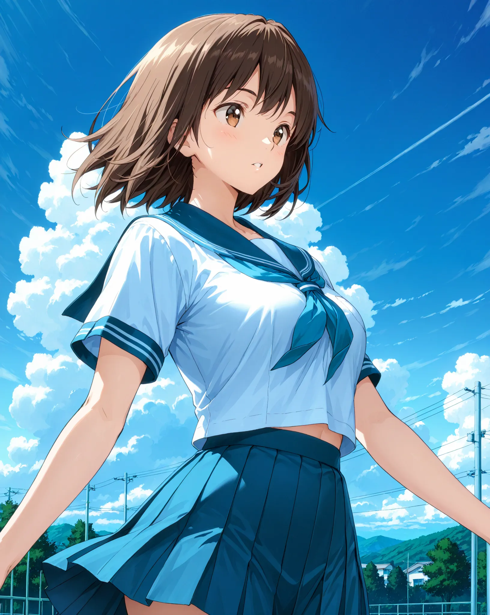 perfect anime quality, masterpiece, ultra-detailed, best quality, highly detailed, school setting, white school uniform, short sleeves, blue uniform accents, high school campus, medium brown hair, brown eyes, natural lighting, soft shading, vibrant colors,...