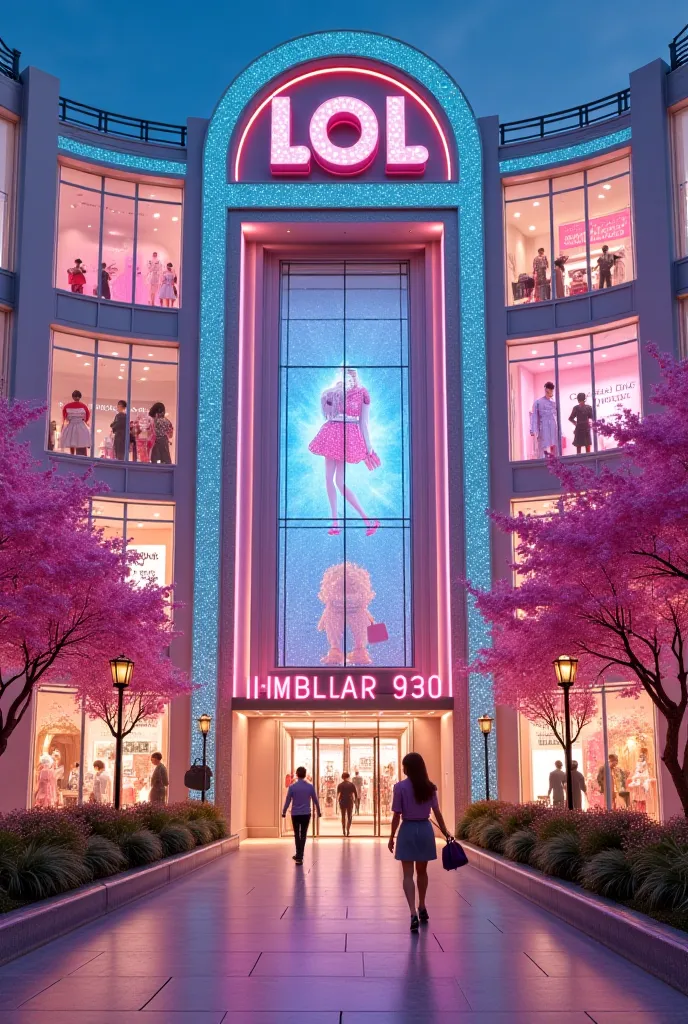 A grand, luxurious shopping mall in the signature L.O.L. OMG doll style, viewed from the street. The building’s sparkling pastel-colored facade is adorned with elegant glass windows, glowing neon signs, and shimmering decorative elements. Large, glamorous ...