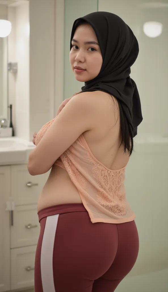 ((Pretty busty korean girl wear black hijab and wearing thin light maroon white side stripe leggings in the bathroom)), (plump short body :1.2), random sensual poses, excercise poses, detailed face, big breast:1.7, peachy shaped buttock, thick thighs,(view...