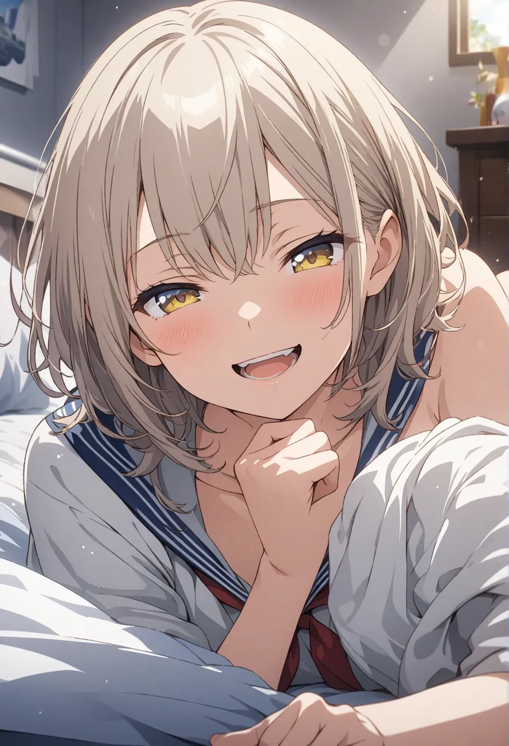 masterpiece, top quality, highly detailed CG unity 8k wallpaper, 20 year old girl anime illustration. The pose of lying down and looking at me、Close your eyes、opening his mouth through his mouth, smile, White color ,short hair、 hair fluttering  、yellow eye...