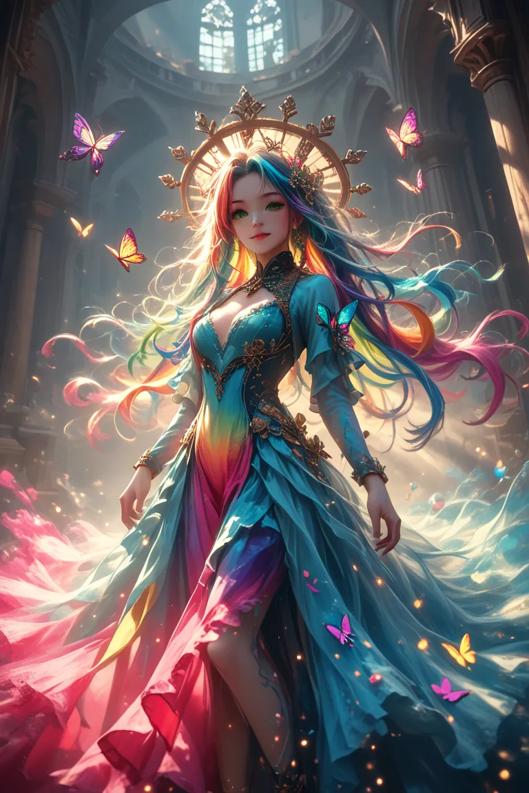 1 girl, masterpiece, Very detailed, ((Light)), (Send Light), ((dramatic Lighting)), ((Beautiful and detailed Light)), Full body painting，intricate details, Lens Light Halo, Colorful hair, rainbow hair, long hair, colorful clothes, Butterfly hair accessorie...