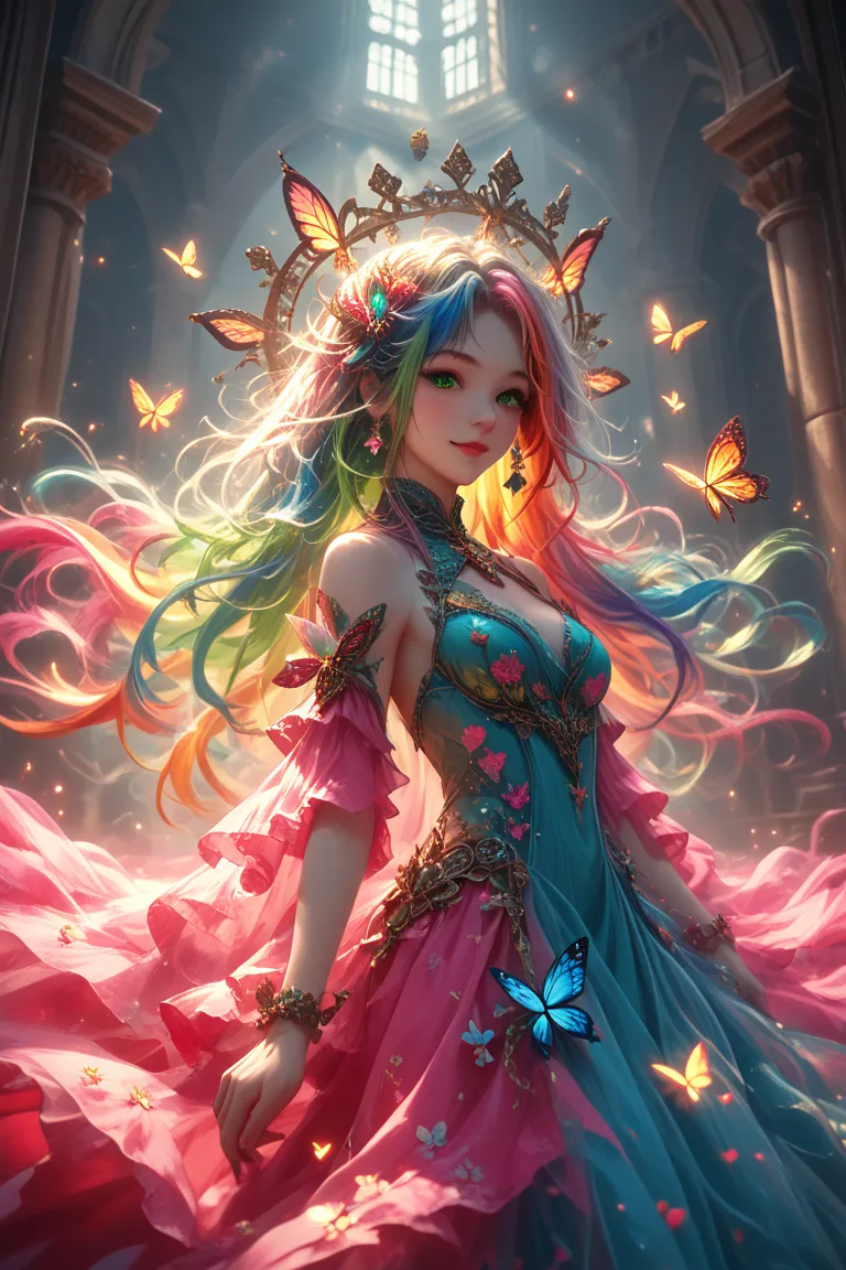 1 girl, masterpiece, Very detailed, ((Light)), (Send Light), ((dramatic Lighting)), ((Beautiful and detailed Light)), Full body painting，intricate details, Lens Light Halo, Colorful hair, rainbow hair, long hair, colorful clothes, Butterfly hair accessorie...