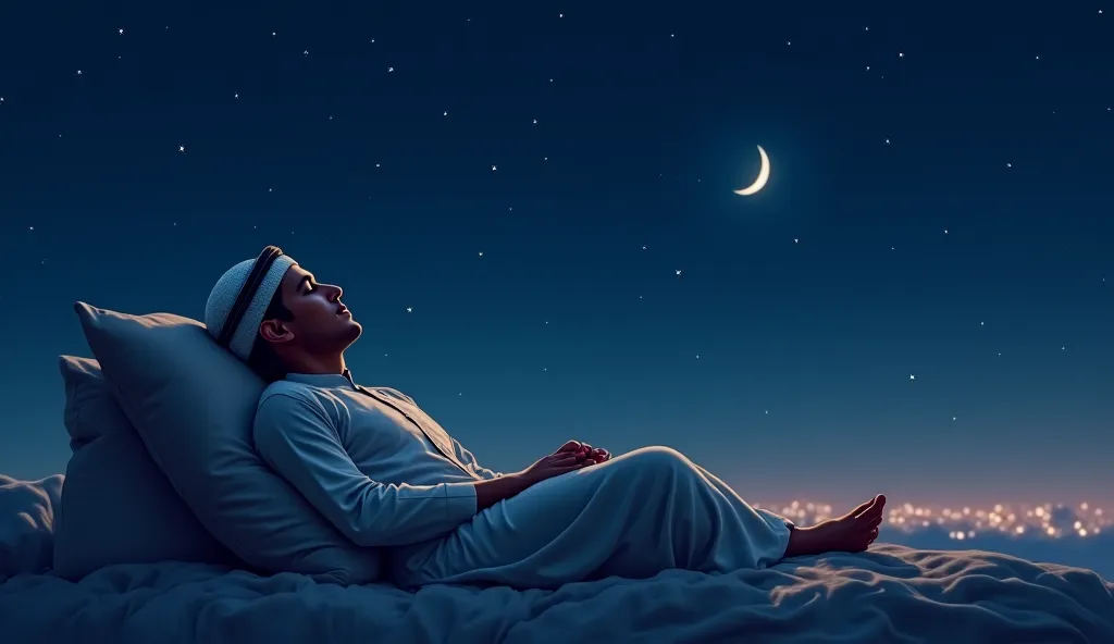 Muslim wearin.g Arabic  relax bed in night sky mon, and headphones,