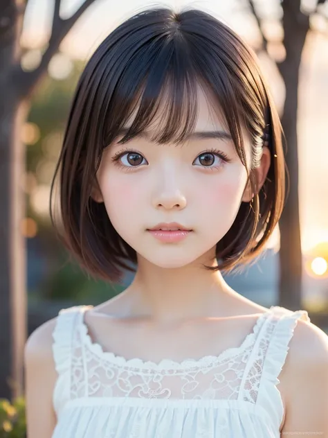 (8k), (best quality), (masterpiece:1.2), (realistic), (photorealistic:1.37), super detailed, (()), Japanese Girl,(), Immature, Young face, cute,Bob Straight Hair, beautiful hair,Cute big eyes, ((is thin)),  black hair, bungs, beautiful sunset, Sunset sky, ...