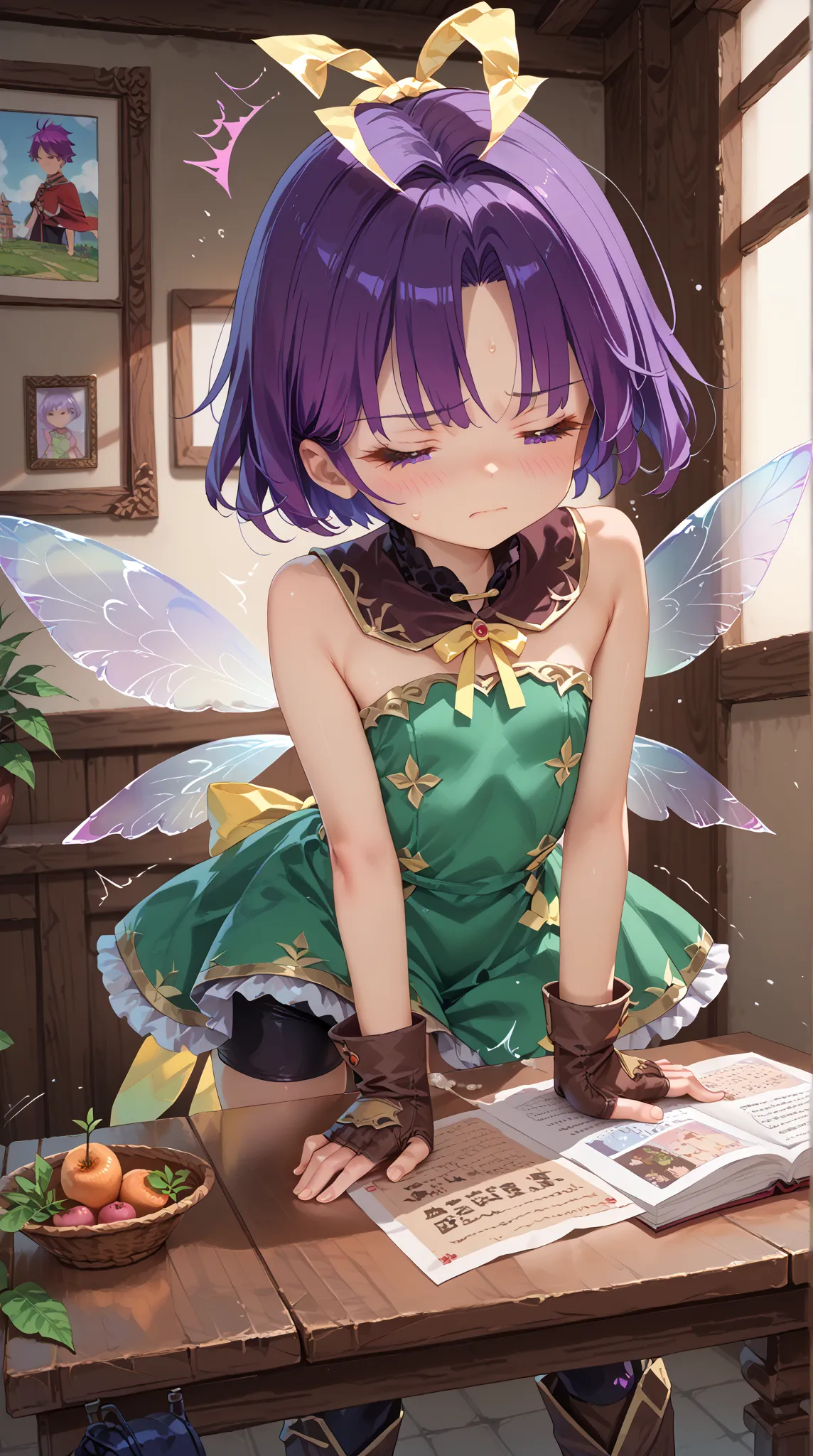 ((Table humping:1.3)),((trembling with sexual climax)),embarrassed,closed eyes,(1girl),((masterpiece,best quality:1.2)),Muryan,antenna hair,bike shorts,short hair,green dress,purple hair,single sidelock,(yellow ribbon:1.2),purple eyes,brown gloves,brown th...