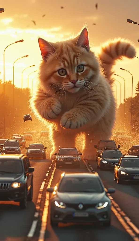 A colossal fluffy kitten, fur glowing in golden sunset light, batting at a row of stalled cars on a busy highway. The massive paw sends vehicles flying with sparks and debris, hyperrealistic 4K detail, wide-angle cinematic shot, depth of field blur, trendi...