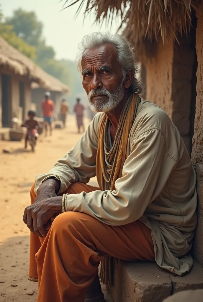 indian old man sitting a village bad