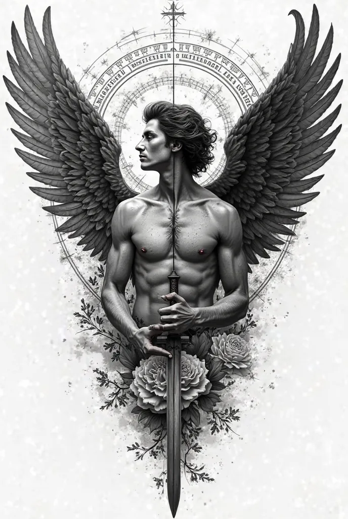 Half-sleeve black and white tattoo design for shoulder and upper arm. A powerful and serene angel man with large wings, dark and detailed. One side of the face calm and luminous, the other shaded and intense, symbolizing the coexistence of light and dark. ...