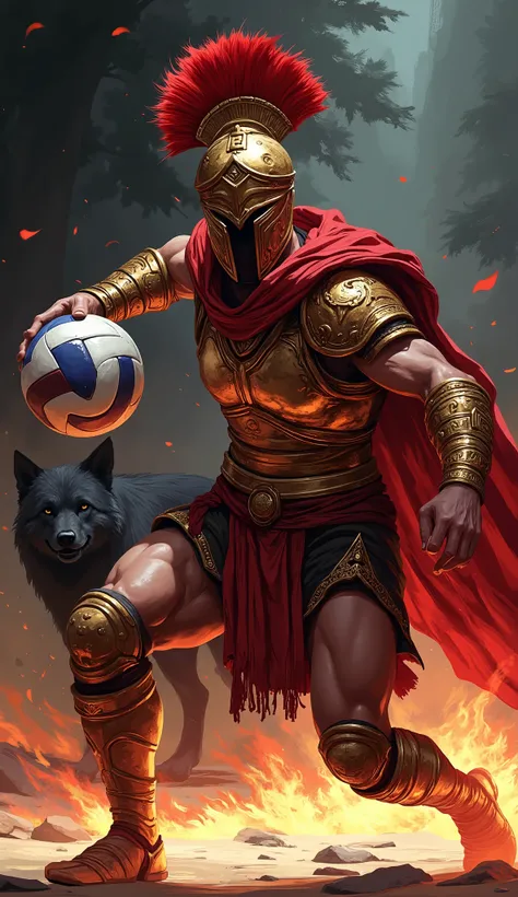 greek god ares, god of war, ((playing volleyball:2)), volleyball ball, background is volleyball court, ((professional volleyball player pose defensive)), ((Receives the ball)), (((defending court))), (((defending))), 4K, high details, (digital painting), (...