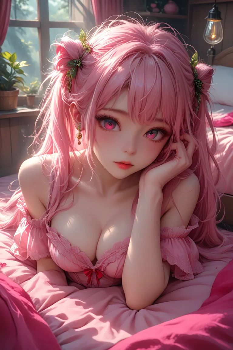 "Pink trees and plants grow and flourish around the bed." "A beautiful girl with pink hair, resembling a Japanese model, looks around in surprise." "The bedroom of the woman with pink hair turns into a forest of pink plants." "A cute woman with pink hair s...