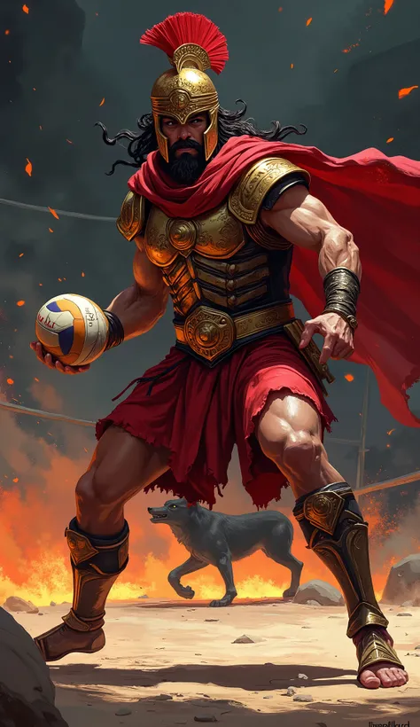 greek god ares, god of war, ((playing volleyball:2)), volleyball ball, background is volleyball court, ((professional volleyball player pose defensive)), ((Receives the ball)), (((defending court))), (((defending))), 4K, high details, (digital painting), (...