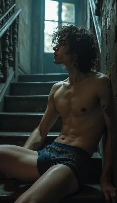 good looking super cute gay gothic man age 20, shirtless,  indigo ornate tango briefs, plump  lips,, medium length wavy hair, he sits back on a staircase in an old creepy gothic mansion, cinematic dramatic artistic pose, sultry, weird cinematic, toned, mas...