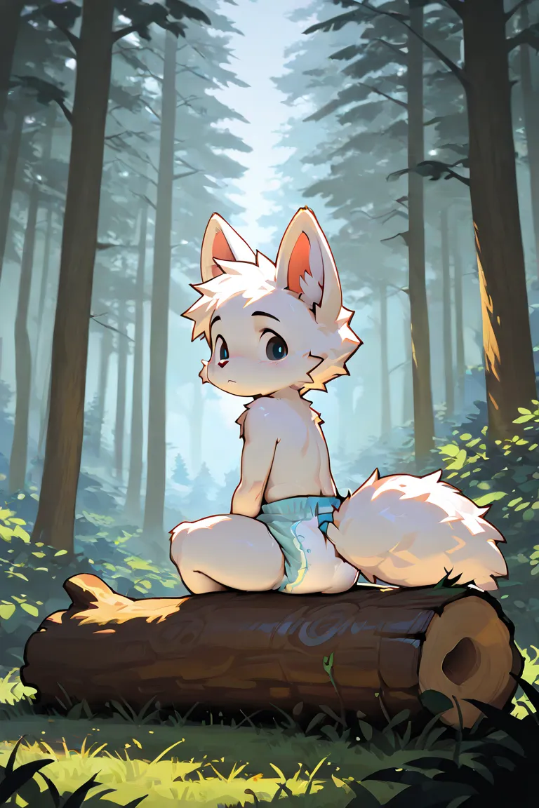 Diaper only, boykisser, kemono, 1boy, white fur, detailed background, foggy forest, sitting on a log