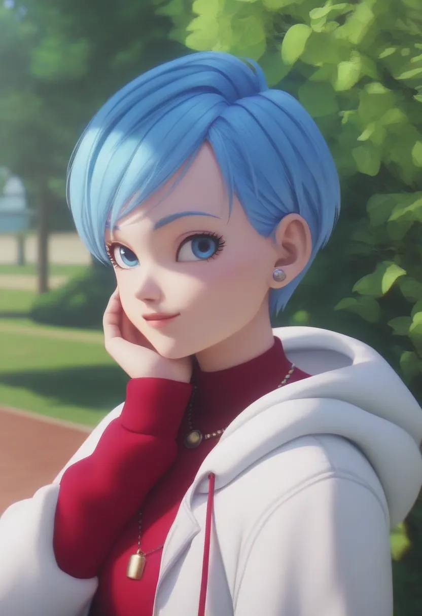 anime screencap,8k, absurd res, 1girl, solo, looking at viewer,blue hair,short hair,blue eyes,wearing a red sweater,upper body,hand on own face,necklace,outdoors,detailed background,park,dragon_ball_daima,  