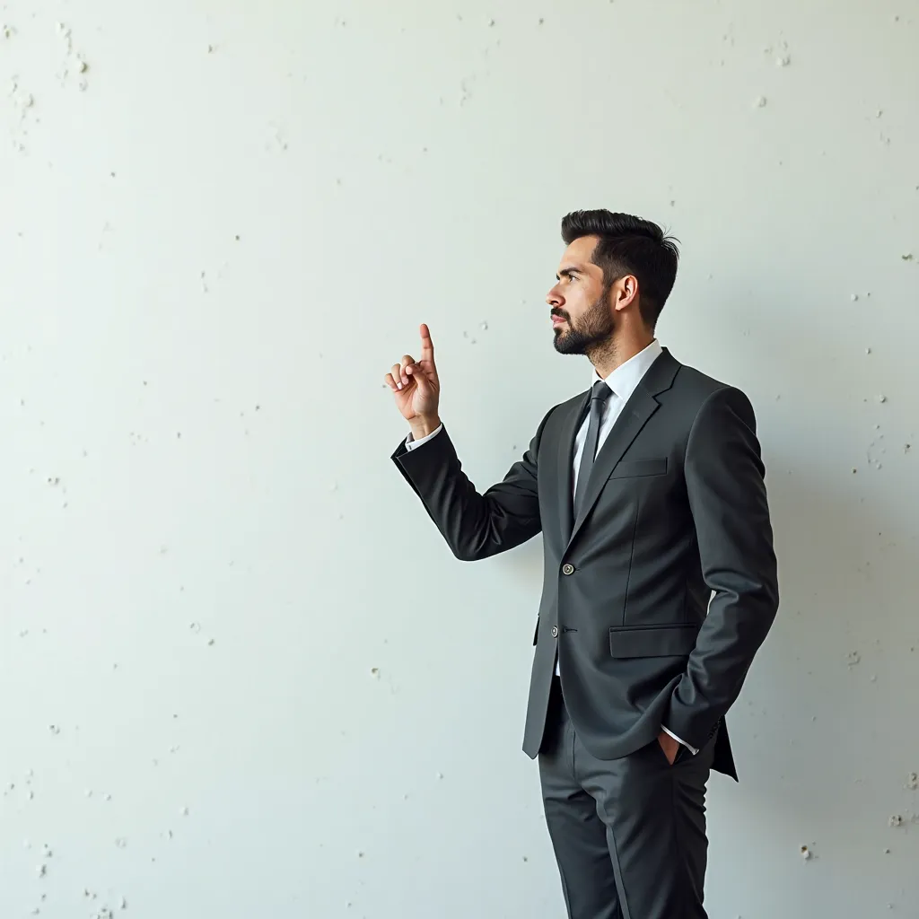 A buisness man close up, facing away, pointing in the distance, starring into a blank wall in a light background