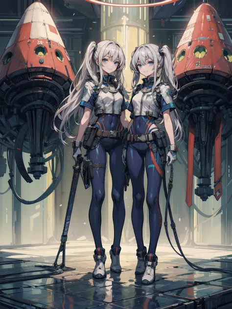 ideal body ratio, perfect anatomy, Correct text ,  one person only, Silver Hair, Twin Tails, hair behind the ear, half up, sagitales,viewers, spaceship ,Sci-fi fantasy combat uniform,smiles