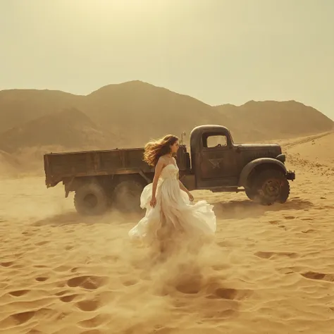  Cinematic photography, eye-level view of a vast desert with towering sand dunes, tire tracks carved into the golden sand. An old, rugged military truck stands still, its metal frame slightly covered in dust. The sky is hazy with a warm, sepia-toned glow, ...