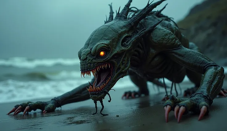 Close-up of a grotesque creature, hybrid of flesh and metal, glowing eyes, sharp fangs, slimy tentacles, crawling towards the ocean, dark and stormy beach in the background, waves crashing, eerie and tense atmosphere, hyper-realistic, 4k, ultra-detailed, d...