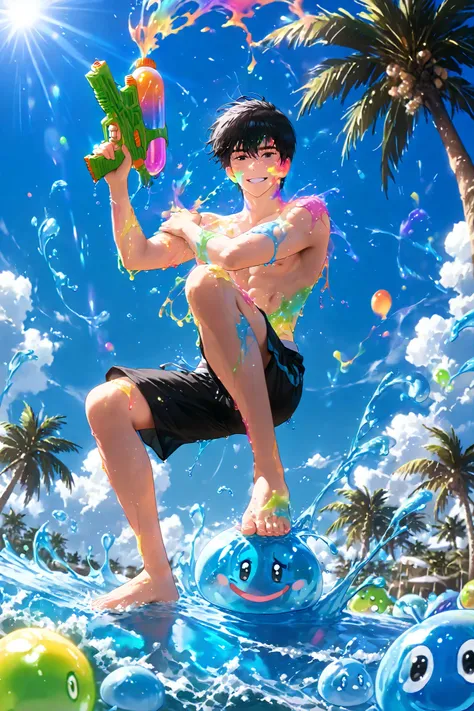 Sung Jin woo, (8k, HD), 1 boy, alone, short hair, black hair, black eyes, shirtless, black summer shorts, pleasant smile, close view, perfect face, beautiful face, at Indian street crowdy, looking at viewer, barefoot, wind, palm trees, clouds, blue sky, (w...