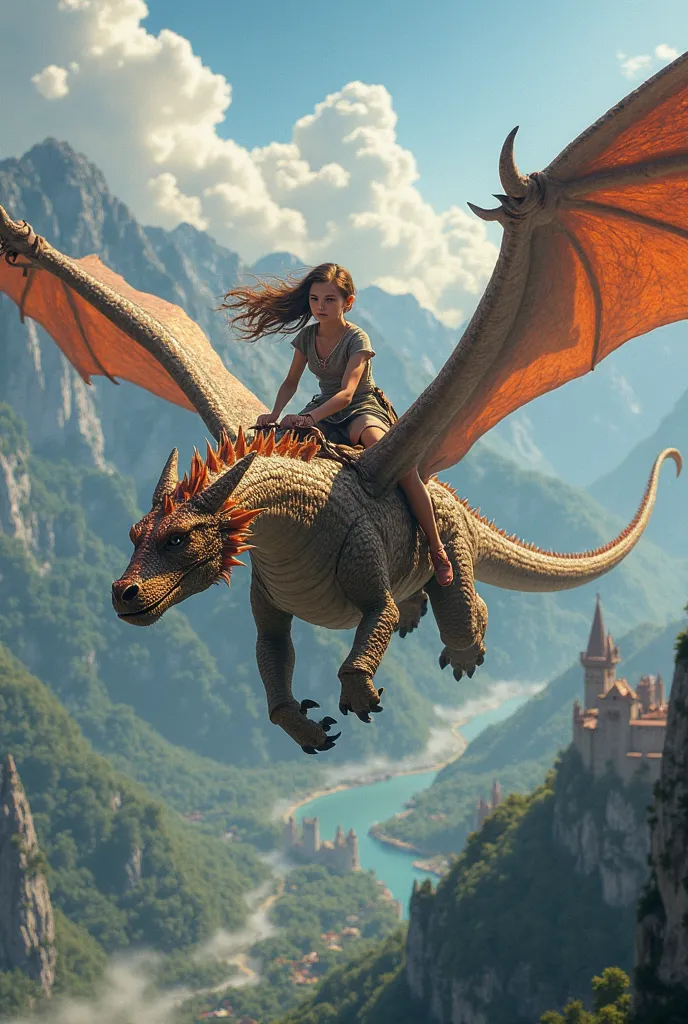 "A fearless young girl with flowing hair rides atop a majestic dragon soaring through the sky. The dragon’s scales shimmer in the sunlight, its wings spread wide as it glides over towering mountains and vast, endless clouds. The girl grips the dragon’s rei...