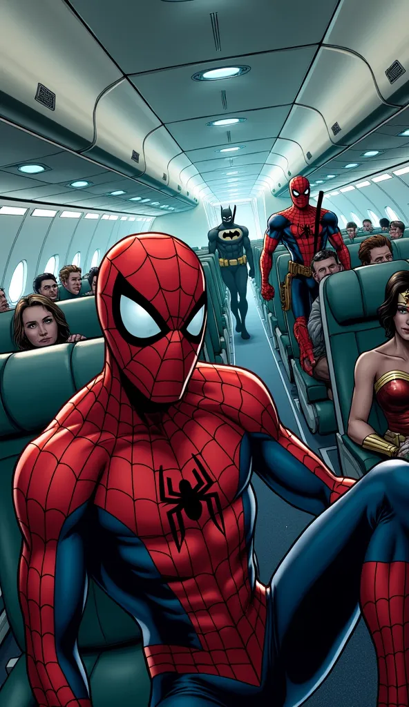 Inside a chaotic airplane cabin, Spider-Man reacts with a visible grimace, his masked face tilting slightly as if dreading what comes next. Around him, the plane is in utter disarray—flickering emergency lights, overturned seats, and terrified passengers b...