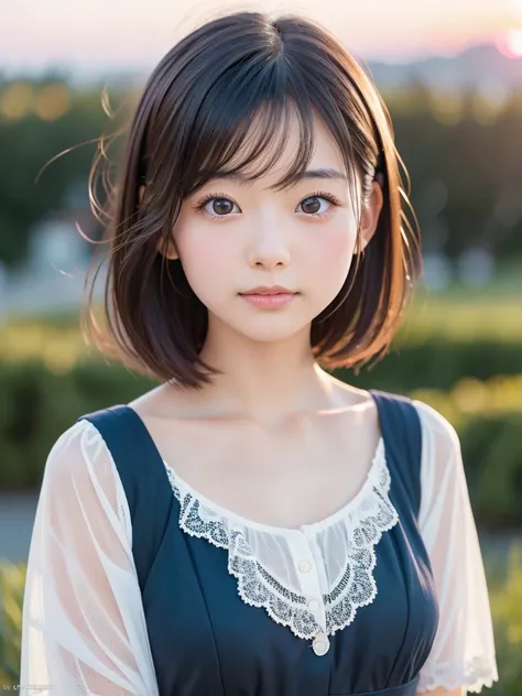 (8k), (best quality), (masterpiece:1.2), (realistic), (photorealistic:1.37), super detailed, ((26 years old)), Japanese Girl,(), Immature, Young face, cute,Bob Straight Hair, beautiful hair,Cute big eyes, ((is thin)),  black hair, bungs, beautiful sunset, ...