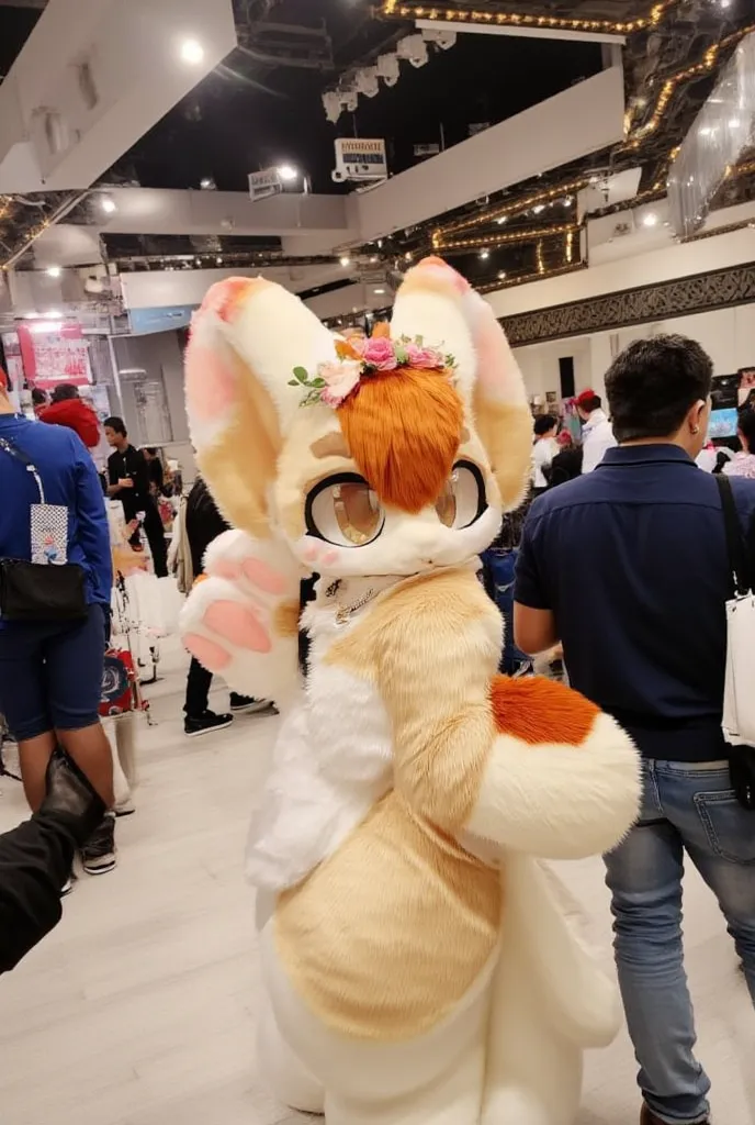 cute light brown fennec fox girl, long orange hair, flower crown, eyeshadow, orange eyes, in a convention centre, hands behind her back.