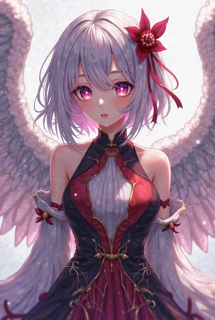 anime girl with wings basic colors red,black,white,purple.Clear eye detail