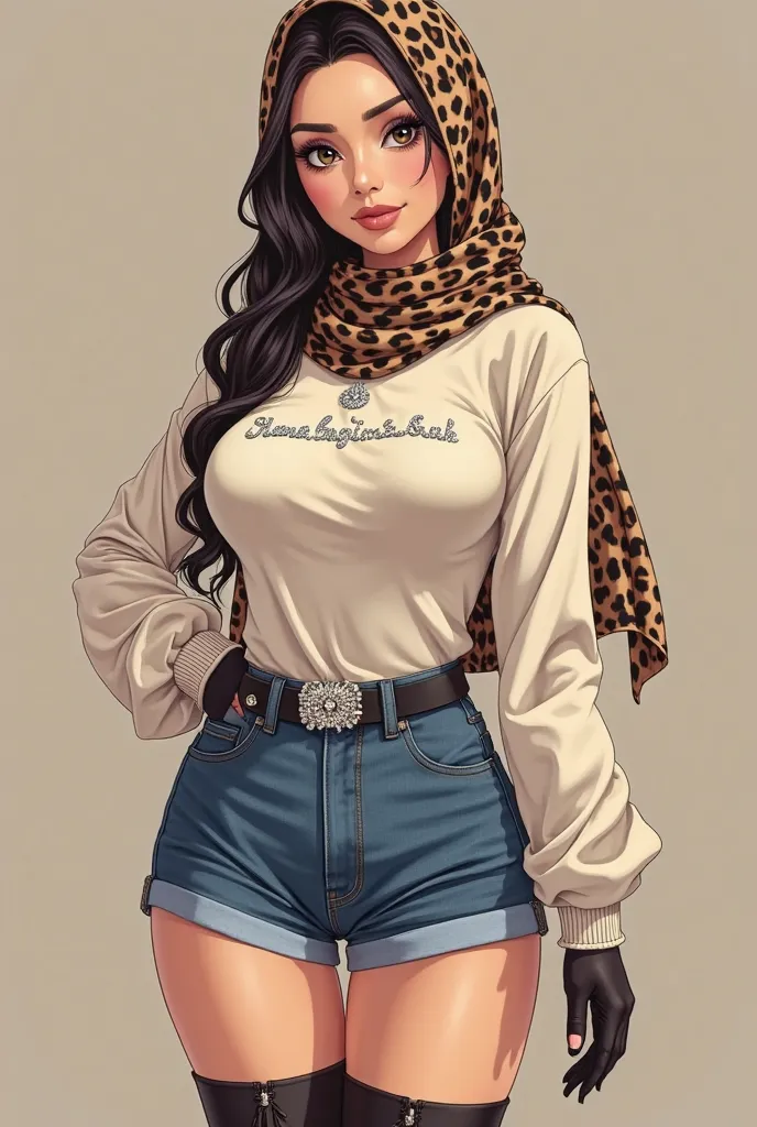 A striking anime-style woman in her 30s with a beautifully hot and sexy curvy figure with big breasts is elegantly dressed in a sleek, word-printed cream woolen puffy turtleneck sweater and mid-thigh denim shorts. She gracefully drapes herself in a traditi...