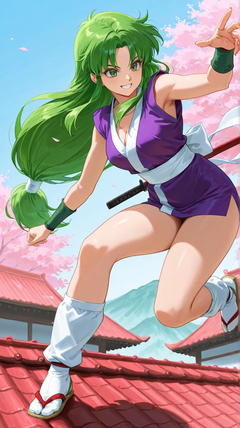 1girl,ganbare goemon,yae,ninja,green hair,green eyes,long hair,puple clothes,white sash,white socks,mini skirt, on the roof at edo period, smile, action, 