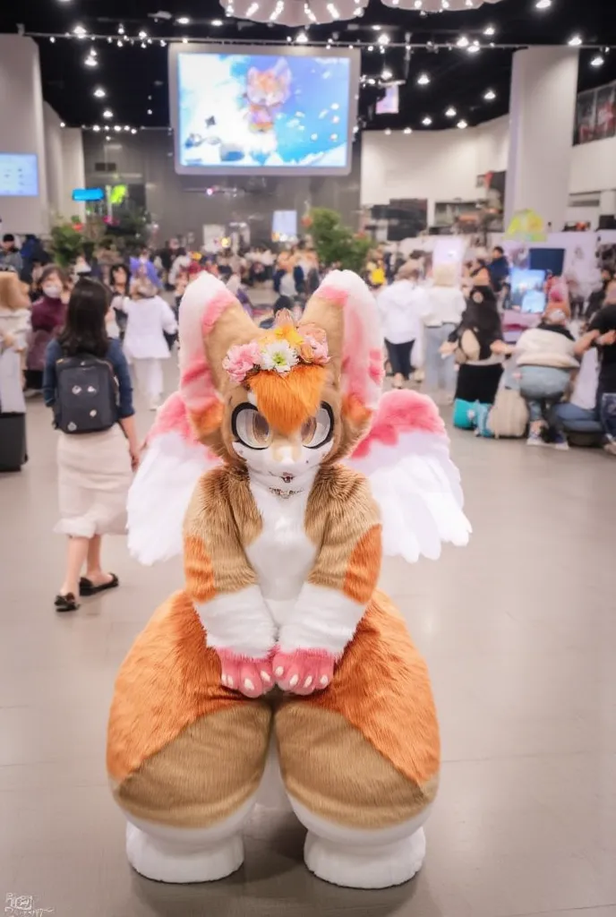 cute light brown fennec fox girl, long orange pigtails, flower crown, eyeshadow, orange eyes, in a convention centre, hands behind her back, angel wings